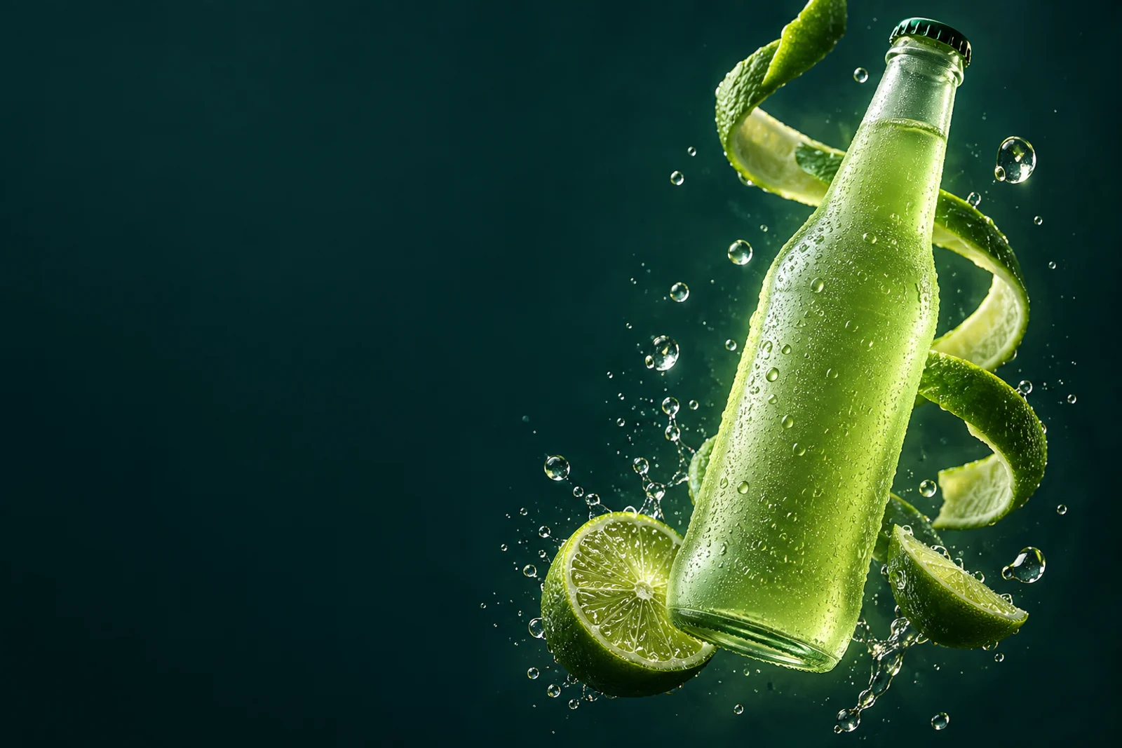 Limettengrüne Glasflasche mit schwebender Zitrusschale, Wassertropfen und dramatischem Licht