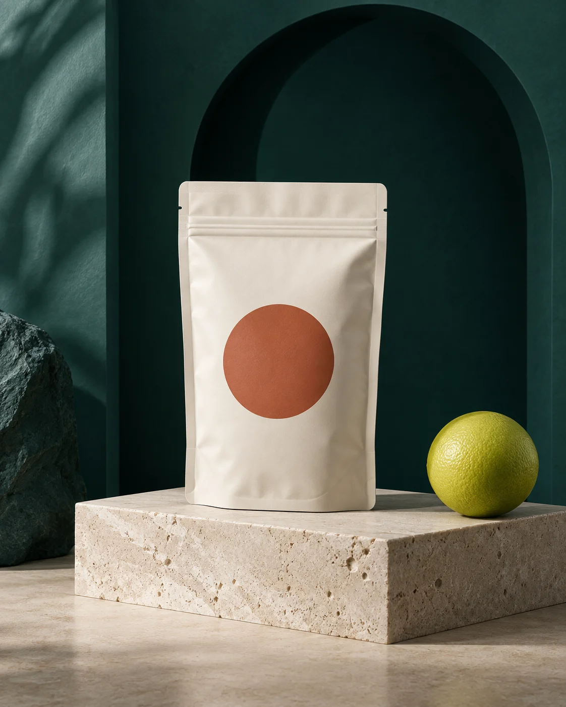 Fiktive Kaffeeverpackung vor einer petrolfarbenen Skulptur mit limettenfarbener Kugel
