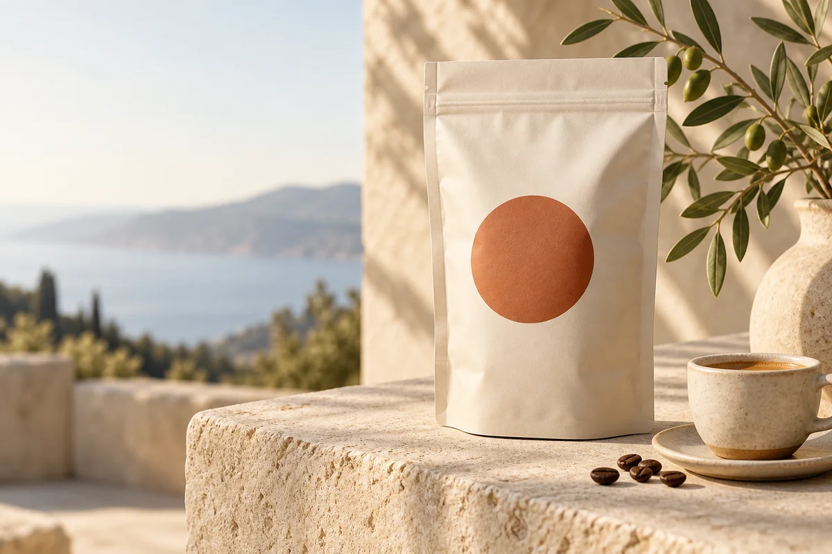 Fiktive Kaffeeverpackung auf hellem Naturstein im warmen Sonnenlicht