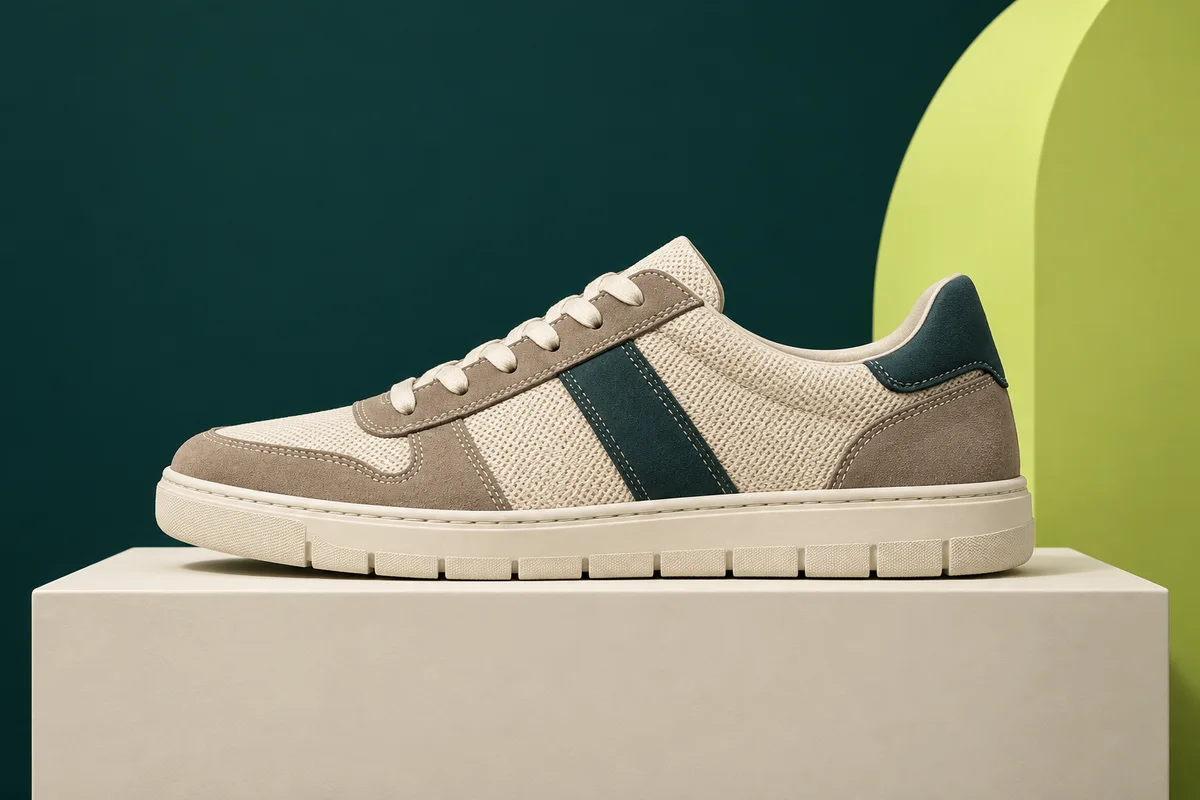 Sneaker mit sichtbarer Stoffstruktur und Nähten in einer petrolfarbenen Bildwelt mit limettenfarbenem Akzent