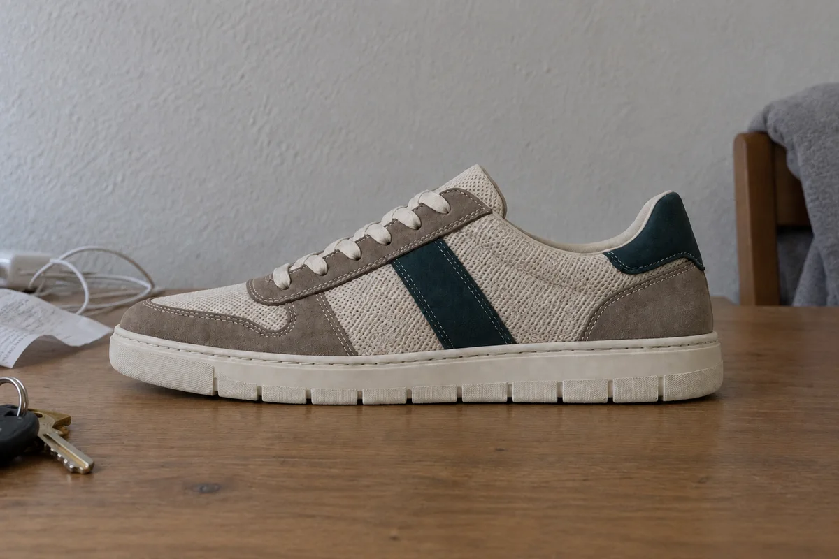 Derselbe Sneaker als KI-generierte Alltagsaufnahme auf einem Holztisch