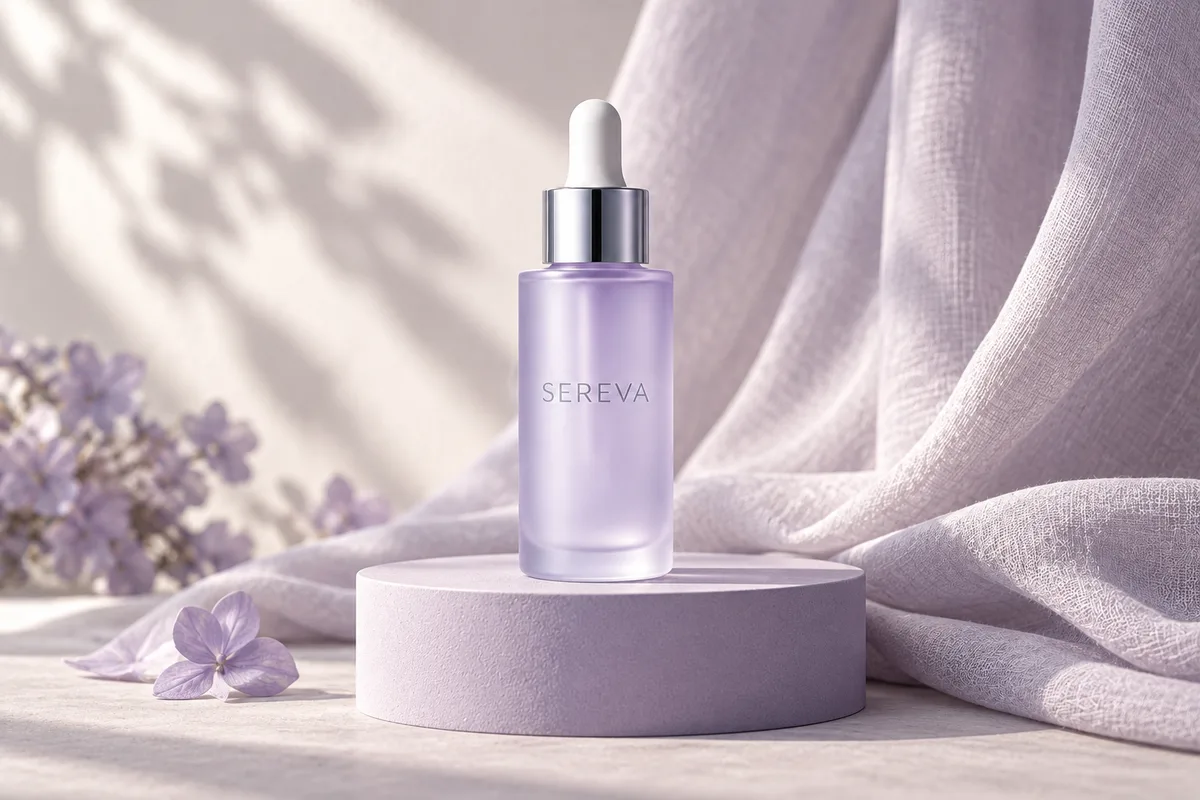 SEREVA-Serum auf einem lavendelfarbenen Sockel vor Stoff